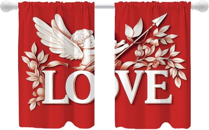 Shrahala Cupid Love Blackout Curtain Tiers, Romantic Love Kitchen Valance Light Blocking Tier Drapes with Rod Pocket, 2 Pack 26 X 36 in