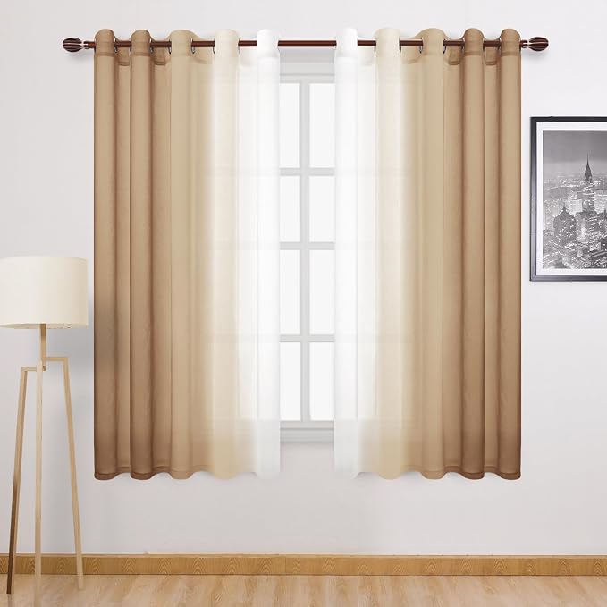 DWCN Ombre Faux Linen Sheer Curtains - Extra Wide Gradient Semi Voile Light Filtering Grommet Top Bedroom and Living Room Curtains, 60 x 63 Inches Long, Set of 2 Window Curtain Panels, Taupe