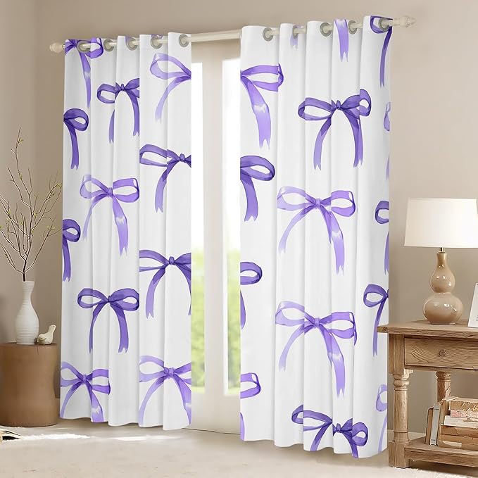 Feelyou Bow Room Darkening Blackout Curtain Boys Girls (2 Panels, 38 x 45 Inch) Purple Girls Bow Curtains for Bedroom Living Room Cute Bowknot Blackout Curtains Kawaii Window Treatments