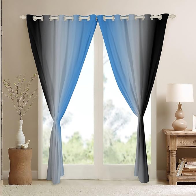 jejeloiu Blue Darkening Drapes (2 Panels, 42 x 90 Inch) Ombre Black Curtains for Bedroom Living Room for Kids Decor Gradient Style Blackout Curtains Abstract Window Treatments