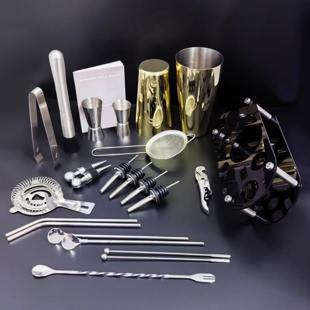 22-Piece Cocktail Shaker Set, 25/20oz Bartender Kit, Bartending Stainless Steel Bar Tools Sets for Drink Mixing, Boston Cocktail Shakers with Stand Recipes Booklet (Rose Copper-25-20oz)