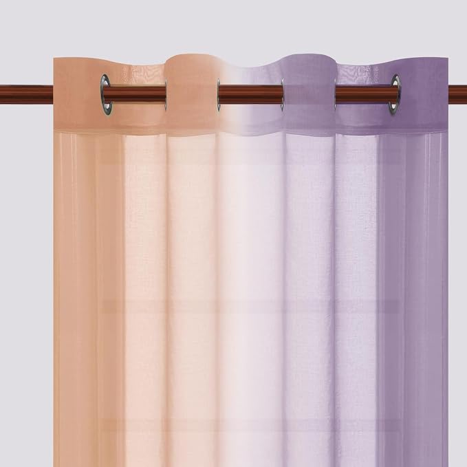 DWCN Ombre Sheer Curtains - Faux Linen Semi Voile Grommet Top Gradient Curtains for Bedroom and Living Room, Set of 2 Window Curtain Panels, 52 x 84 Inch Length（Pink and Lalic Purple