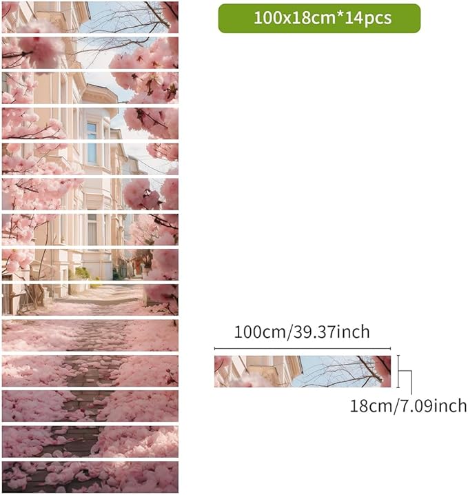REDAMANCY Romantic Pink Cherry Flowers Lane Landscape Peel and Stick Vinyl Stair Riser Decals Staircase Tile Stickers Decor Modern Marble Decoration Self-Adhesive(14 Pcs)