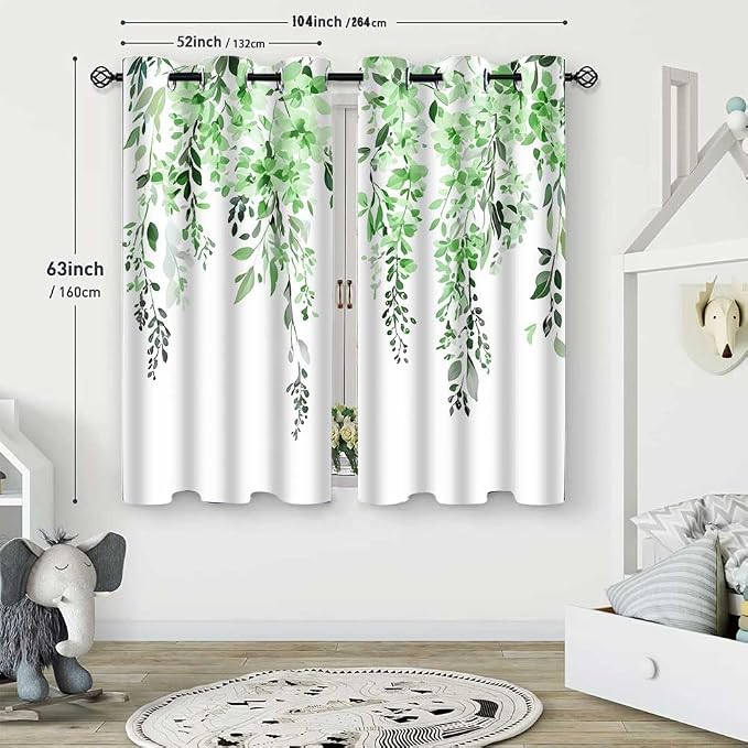 Green Watercolor Floral Curtains, Botanical Leaves Vine Flowers Curtain, Rustic Farmhouse Flower Leaf Blackout Window Treatment Drapes for Bedroom Living Room 52x63 inch, 2 Panels