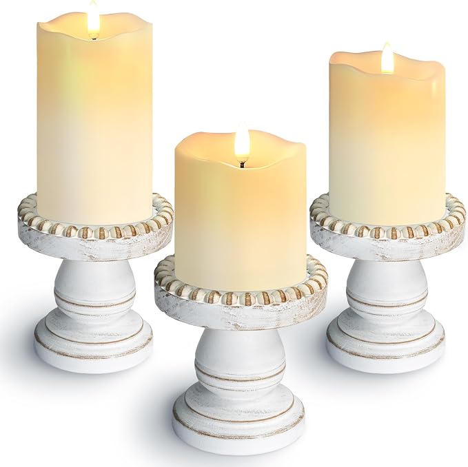 Small Candle Holder for Pillar Candle Set of 3, Farmhouse Wood Candle Holder, Rustic Wooden Candle Stand, Vintage Candle Stand Decorative for Living Room, Table Centerpiece, Retro White
