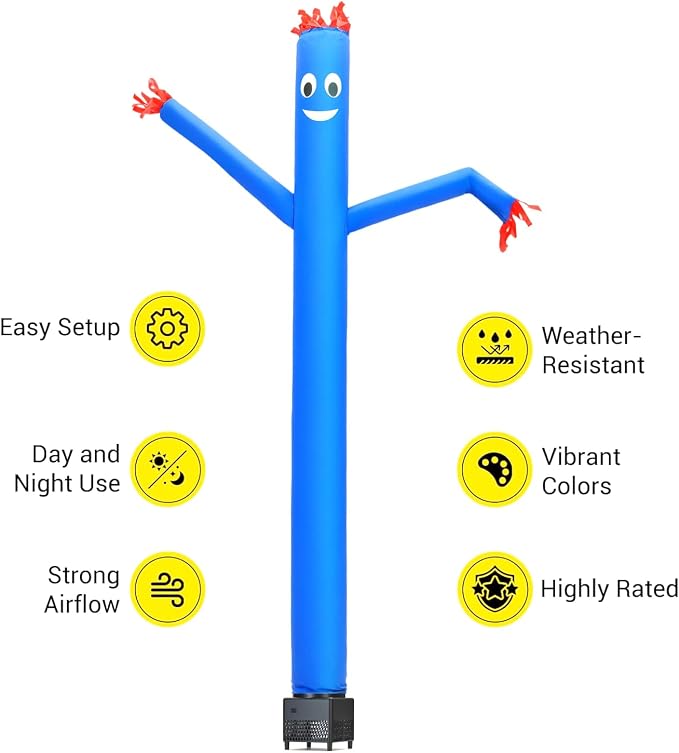6ft Blue Sky Air Puppet Dancer Inflatable Waving Tube Man with Lights & Built-in Blower - Wacky Waving Dancing Tube Guy for Business Promotion Stand Out Christmas Advertising
