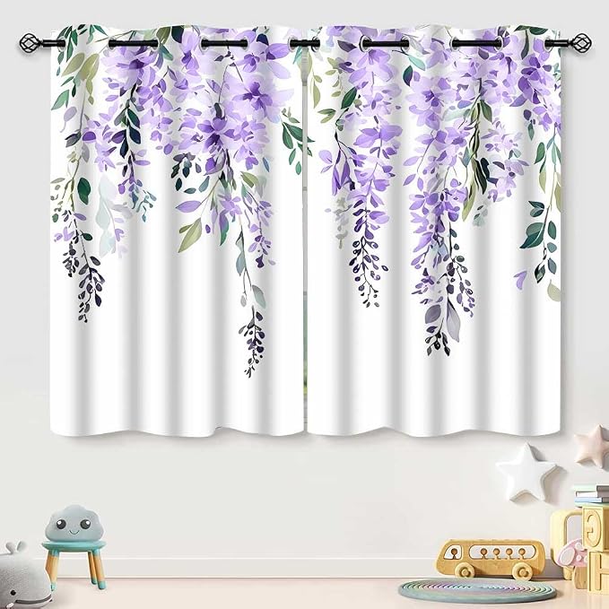 Purple Watercolor Floral Curtains, 52x63 inch, 2 Panels | Botanical Leaves Vine Flowers, Rustic Farmhouse Wisteria, Blackout Window Treatment, For Bedroom Living Room