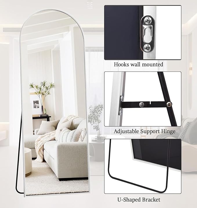 Prywot Arched Floor Mirror, 57 "x 20" Full Length Mirror Wall Mirrors Hanging or Leaning Arched-Top Full Body Mirrors with Stand for Bedroom, Dressing Room, White