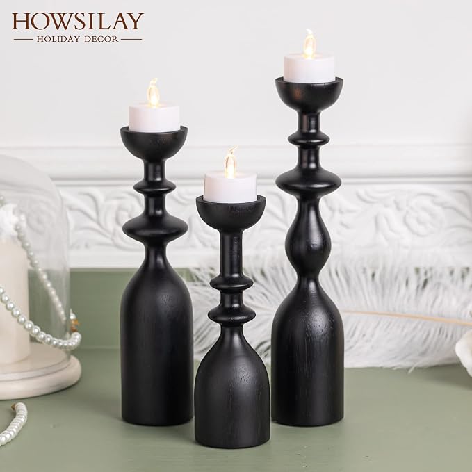 HOWSILAY Wood Candle Holders for Table Centerpiece Black Candlestick Holders - Rustic Candle Stick Candle Holder fits 3/4" or 7/8" Taper Candle and Dia 1.5" Led Tea Lights Candles or Pillar Candles | Solid Handcrafted Wood, 3 Assorted Heights, Fits Tap...
