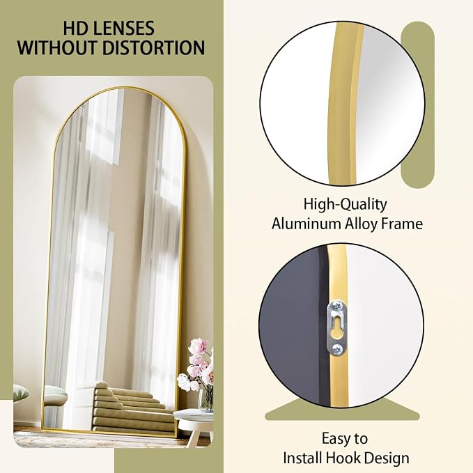 BEAUTYPEAK 71"x26" Full Length Mirror, Arch Full Body Floor Mirror, Wall Mirrors Hanging or Leaning Arched-Top with Stand for Bedroom, Dressing Room, Living Room, Gold