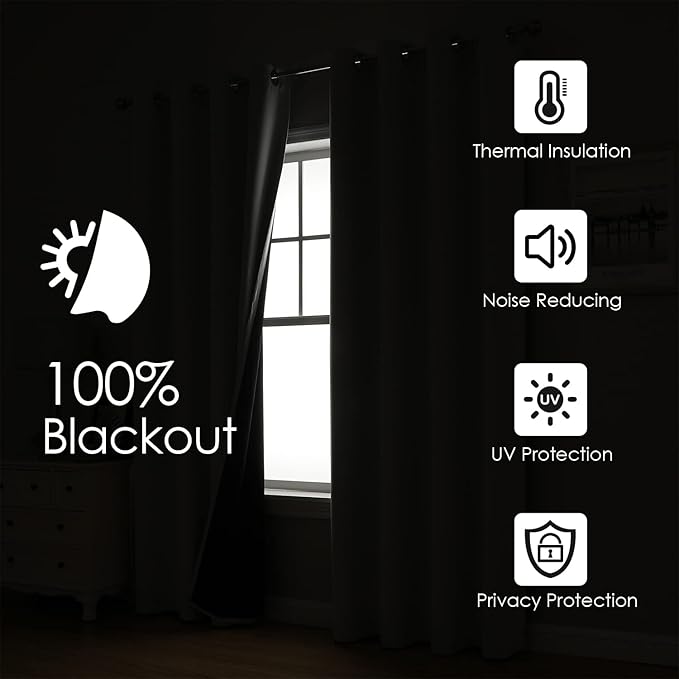 ChrisDowa 100% Blackout Curtains 63 inch Long for Bedroom with Black Liner, 2 Thick Layers Total Blackout Thermal Insulated Grommet Window Curtains 2 Panels Set (Light Grey, 38 x 63 Inch)