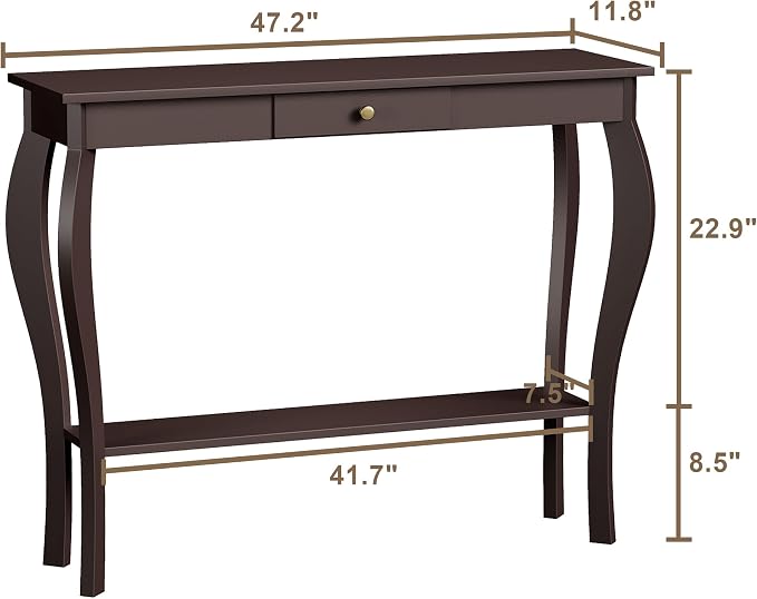 ChooChoo 47 Inch Narrow Console Table with Drawer, Chic Accent Sofa Entryway Table with Shelves for Entryway, Living Room, Hallway, Espresso