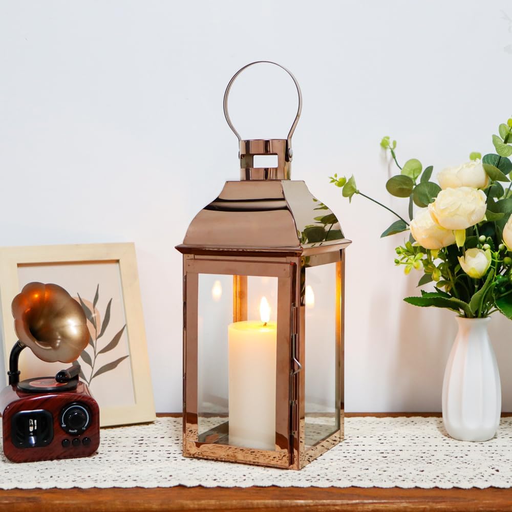 JHY DESIGN Decorative Candle Lanterns 15" High Stainless Steel Candle Lanterns with Tempered Glass for Indoor Outdoor Events Parities and Weddings Vintage Style Hanging Lamps(Rose Gold)