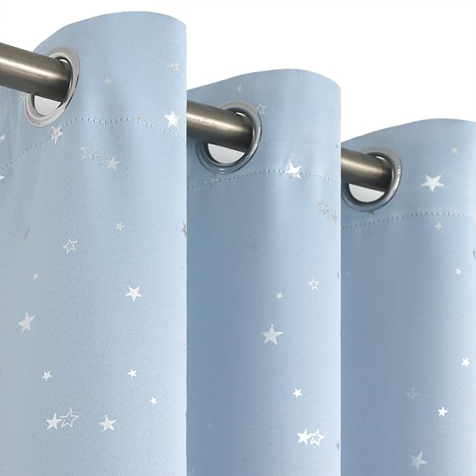 BGment Star Room Darkening Curtains for Kids Bedroom - Grommet Thermal Insulated Silver Star Print Kids Curtains for Living Room, Set of 2 Panels, Baby Blue, 42 x 84 Inch
