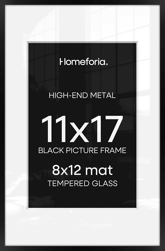 Homeforia 11 x 17 Picture Frame Black, High End Metal 11x17 Poster Frames with Mat 8x12 for Photo, 11 x 17 Black Frame Matted to 8 x 12 inch Print, 17x11 Thin Frame, Tempered Glass, Wall Kit, Set of 1