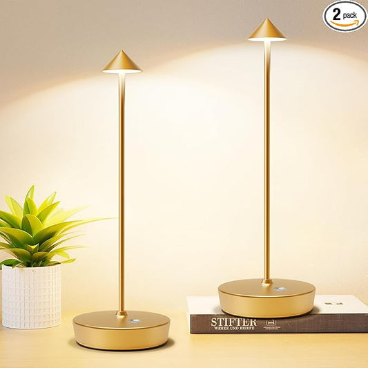 Set of 2 Rechargeable Cordless Table Lamp,6000mAh LED Battery Operated Desk Lamp Touch 3 Color Dimming Portable Outdoor Waterproof Table Light for Patio/Restaurant/Dining/Home(Gold)
