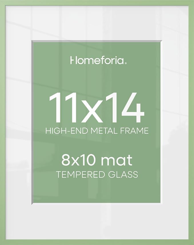 Homeforia 11x14 Picture Frame Sage Green, High End Metal 11x14 Wall Hanging Frame with Mat 8x10, 11 x 14 Poster Frame Matted to 8 x 10 inch Photo, 14x11 Thin Frames, Tempered Glass, Wall Kit, Set of 2