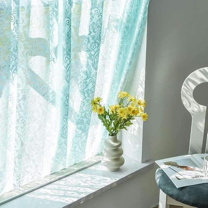 ALIGOGO Mint Coastal Curtains for Living Room Lace Sheer Curtains 96 inches Long Seafoam Curtain for Baby Girl Bedroom Ocean Coastal Beach Summer Decor 52 W x 96 L, 1 Pair, Aqua