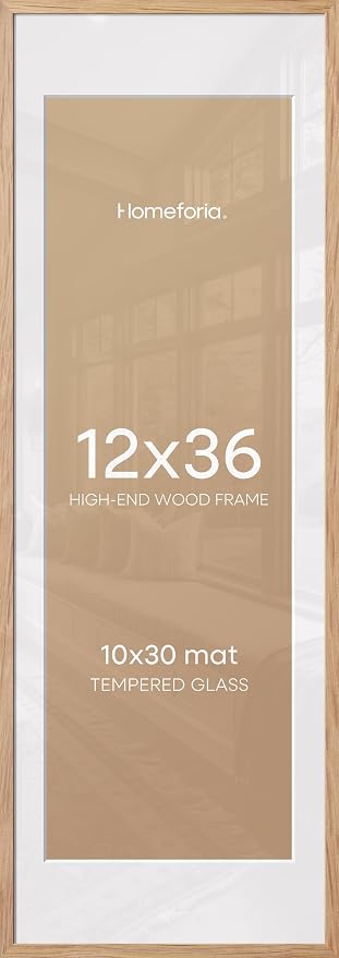Homeforia 12x36 Wood Frame, High End Natural Oak 12x36 Light Wooden Picture Frame with Mat 10x30, 12 x 36 Poster Frames Matted to 10 by 30 Art, 36x12 Hanging Frames, Tempered Glass, Wall Kit, Set of 3