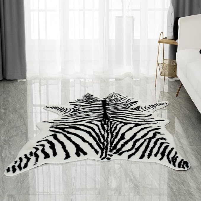 Zebra Print Rug Faux Animal Print Skin Area Rug Cowhide Western Decor Cute Carpet for Bedroom Living Room, 4.9x6.6 Feet