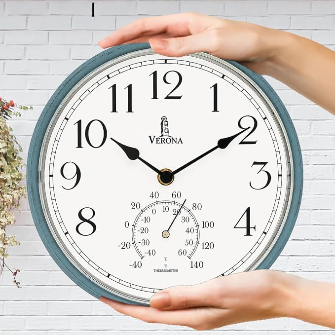 Outdoor Clocks for Patio Waterproof with Thermometer — Teal 9.5 Inch Indoor Outdoor Wall Clock with Temperature Display — Weatherproof, Accurate & Easy to Read for Pool, Garden & Home Decor