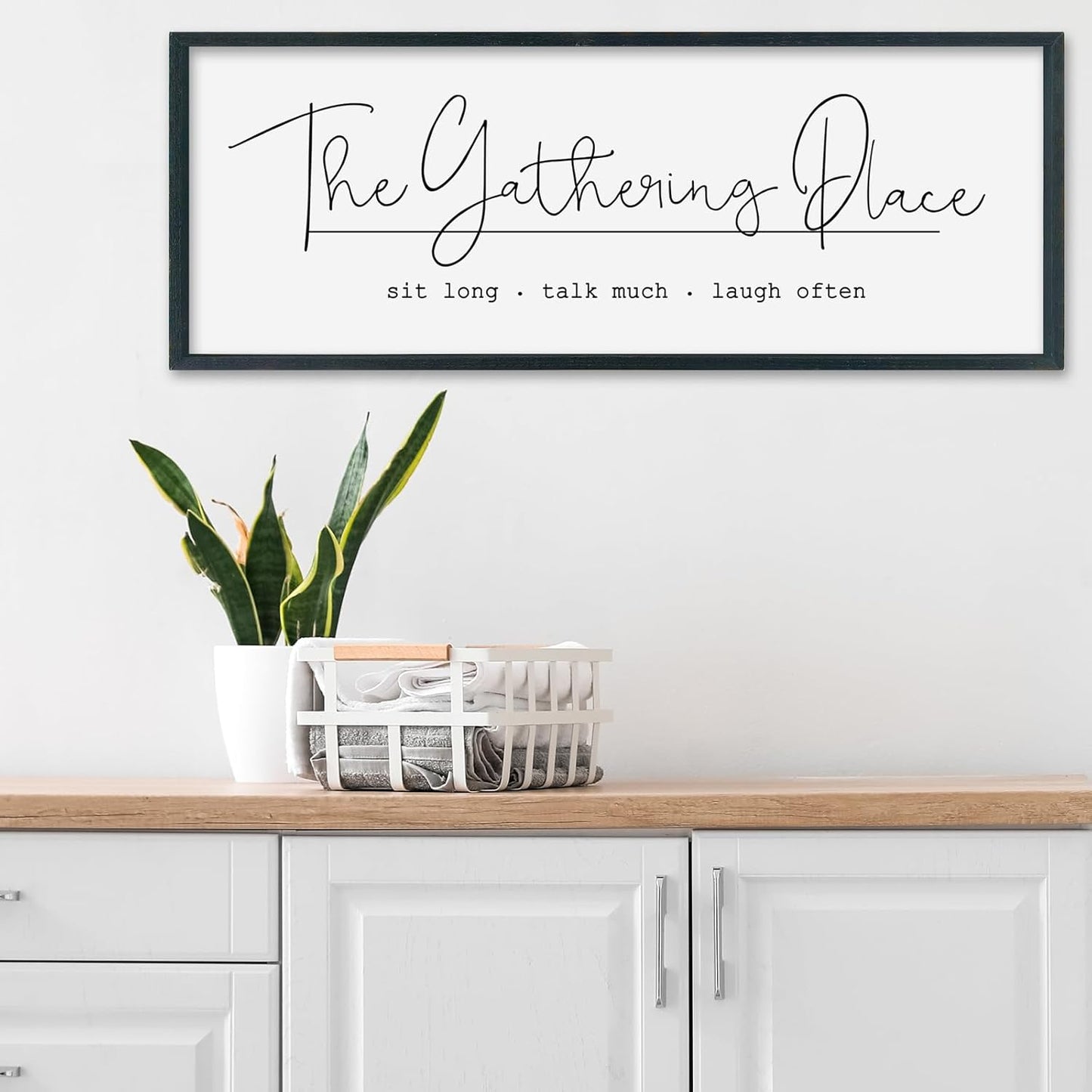 SRSZHIYUE The Gathering Place Sign Wall Decor Art 40"×15" for Large Kitchen Dining Room Wood Framed Wall Hanging (Black)