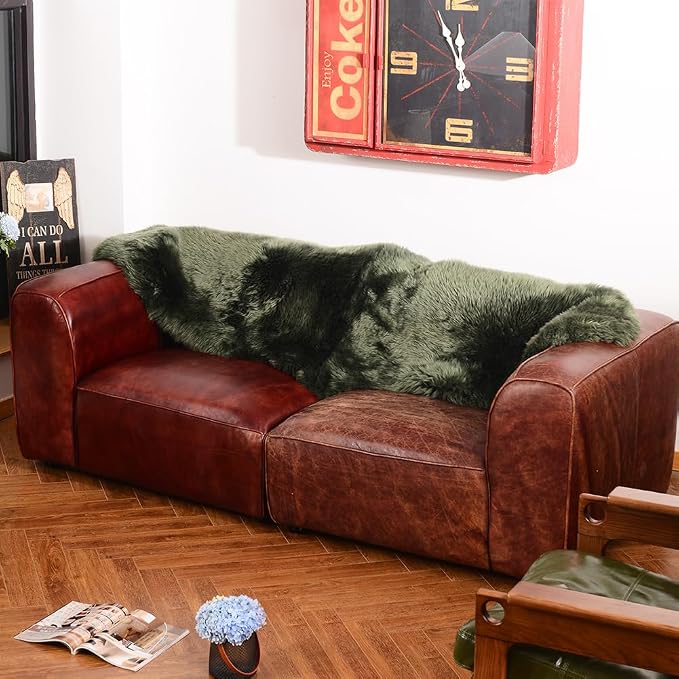 LLB Genuine Sheepskin Area Rug Fur Carpet Fluffy Shaggy Fur Rug for Living Room Kids Bedroom Real Sheepskin Throw Lambskin Aesthetic Rugs Sofa Mat Chair Seat Covers (Dark Green, 2 x 6 ft Sheepskin)