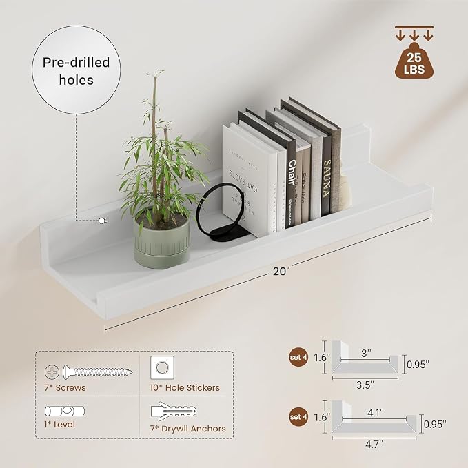 Heimlove 20 inch Picture Ledge Shelf Set of 8,Long Floating Shelves for Wall,White Picture Shelf with Lip for Wall Decor,Living Room Bedroom Bookshelf Photo Frames Nursery Book Shelves for Storage