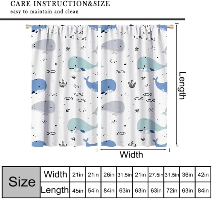YCness Cartoon Whale Curtains Cute Ocean Animal Blue Gray Abstract Fish Art Printed Blackout Window Drapes for Boys Girls Bedroom Nursery Decor Fabric Set 2 Panel 42x45 Inch 30% Shading Rate