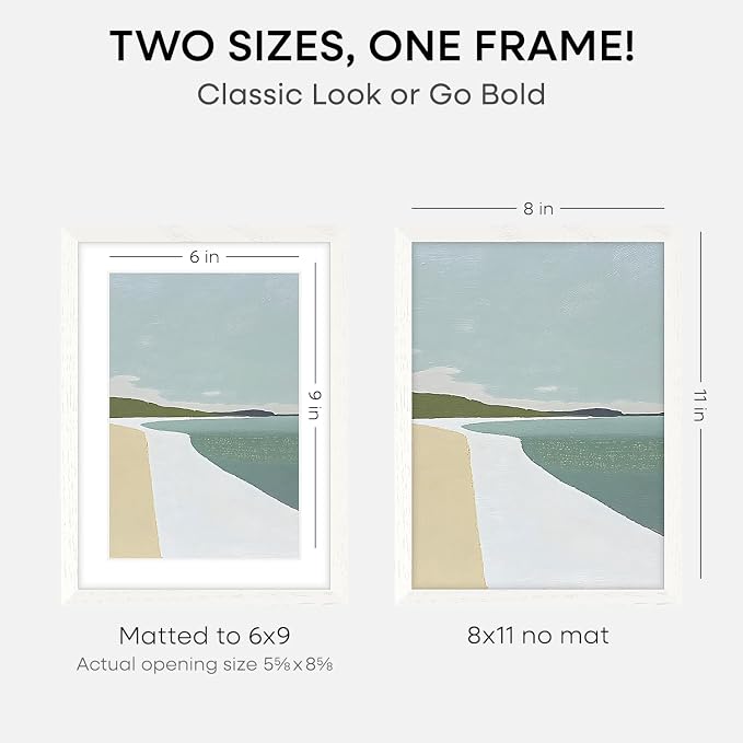 Homeforia 8x11 Picture Frame White, High End Oak 8 x 11 Wood Frames with Mat 6 by 9 Print, 8by11 Wooden Frame Matted to 6x9 inch Photo, 11x8 Wall or Tabletop Frames, Tempered Glass, Wall Kit, Set of 2