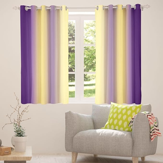 jejeloiu (2 Panels, 38 x 54 Inch Purple and Yellow Darkening Drapes Gradient Style Curtains for Bedroom for Kids Women Men Ombre Printed Blackout Curtains Geometric Window Treatments