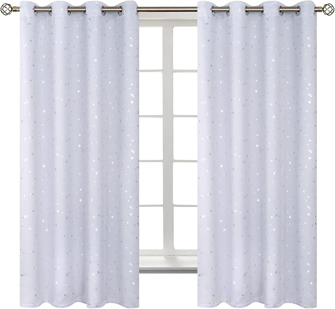 BGment Kids Room Curtains for Bedroom - Grommet Thermal Insulated Silver Star Print Room Darkening Curtains for Living Room, Set of 2 Panels, 52 x 63 Inch, Greyish White
