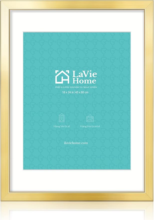 LaVie Home 18x24 Picture Frame Gold Poster Frame, Display Pictures 16x20 with Mat or 18x24 Without Mat, Stable and Sturdy Frame and Polished Plexiglass, Horizontal and Vertical Format of The Walls