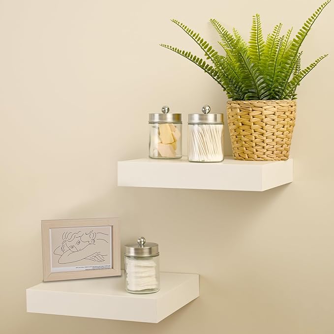 SheeChung Qtip Dispenser Holder 4pcs, Glass Apothecary Jars with Stainless Steel Lids &Stickers Farmhouse Decor Metal Wire Bathroom Storage Organizer Basket Bins - for Cabinets, Shelves