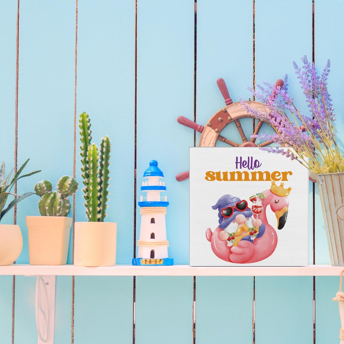 Hello Summer Decor Flamingo Decorations Summer Gnome Wooden Sign Rustic Home Decor 5 x 5 Inches