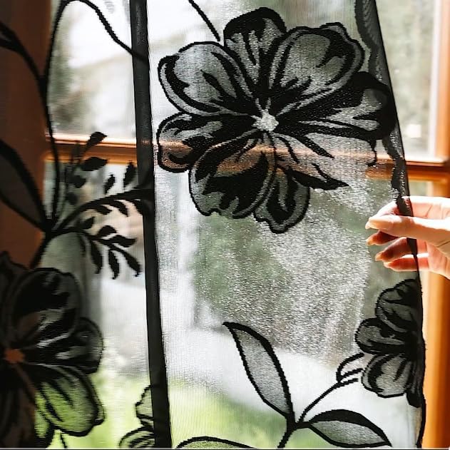 Treatmentex Black Lace Curtains for Bedroom Living Room 90 inch Length Vintage Rose Floral Embroidered Sheer Curtain Panels with Scalloped Edge 54" w 2pcs