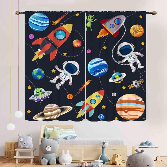 Kids Space Curtains for Boys Room, Cartoon Universe Galaxy Space Planet Astronaut Anime Boys Kids Girls Window Drapery Treatments for Bedroom Living Room Nursery 2 Panels, 42"x63" Inch