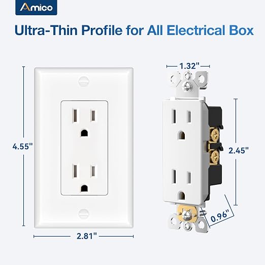 Amico Wall Outlet, UL Listed, Tamper Resistant Standard Electrical Outlet, Decorator Receptacle, Suitable for Home and Business, 125V/1875W, White, 15 Amp - Screw Wall Plate, 10 Pack
