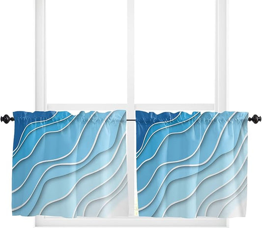 36 Inch Long Tier Curtains for Kitchen, Blue Ombre Abstract Sea Water Bathroom Window Curtains Rod Pocket Short Curtains Window Treatment Tiers for Living Room Farmhouse 2 Panels