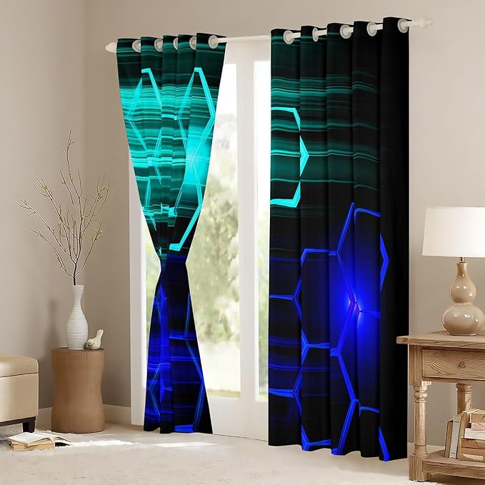 Feelyou Honeycomb Curtains for Bedroom Living Room Girls Geometrical Blackout Curtains Beehive Darkening Drapes (2 Panels, 52 x 90 Inch) Decor Light Blue and Blue Ombre Window Treatments