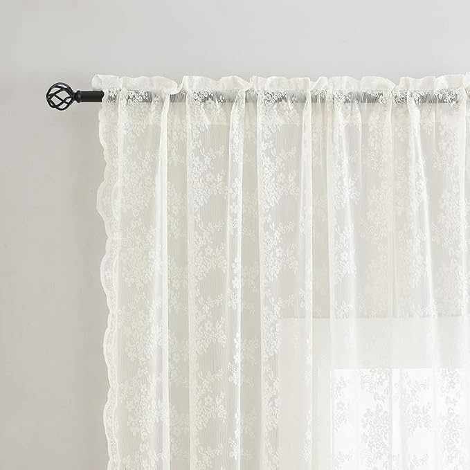 YJ YANJUN Vintage Lace Curtains 94 Inches Long- Antique Flowers Ivory Sheer Curtain Panels for Living Room Bedroom French Door, Light Filtering Drapes, 2 Panels 52W x 94L Cream