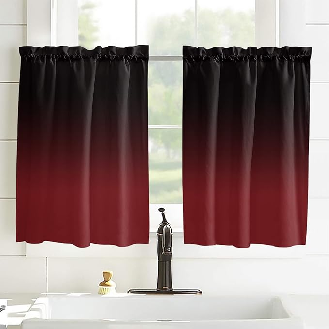 54 Inch Long Tier Curtains for Kitchen, Black Red Gradient Bathroom Window Curtains Rod Pocket Short Curtains Window Treatment Tiers for Living Room Farmhouse 2 Panels