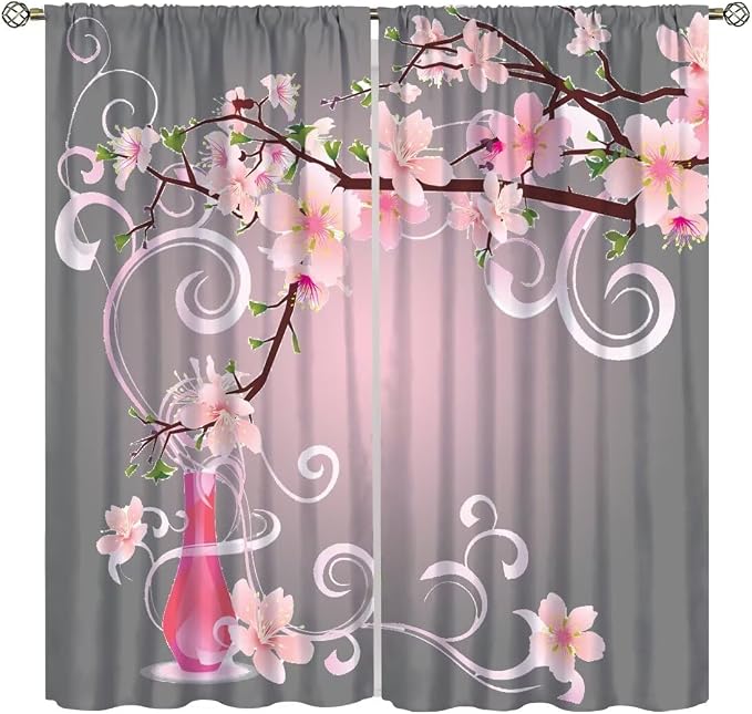 Cherry Blossom Curtains,Pink Flower Japanese Floral Print Window Treatments for Bedroom Living Room Kitchen Polyester Fabric Window Drapes 2 Panels Set,Total Size 63 x 63 Inch
