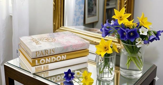 Gold Decorative Books for Home Decor - Set of 3 Shelf Decor | Gold decor for living room, Coffee table decor books gold, Decoration accents, Fashion designer aesthetic stack