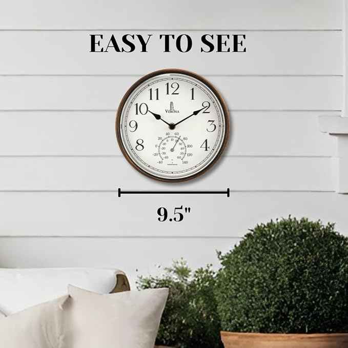 Outdoor Clocks for Patio Waterproof with Thermometer — 9.5 Inch Indoor Outdoor Wall Clock with Temperature Display — Weatherproof, Accurate & Easy to Read for Pool, Garden & Home Decor