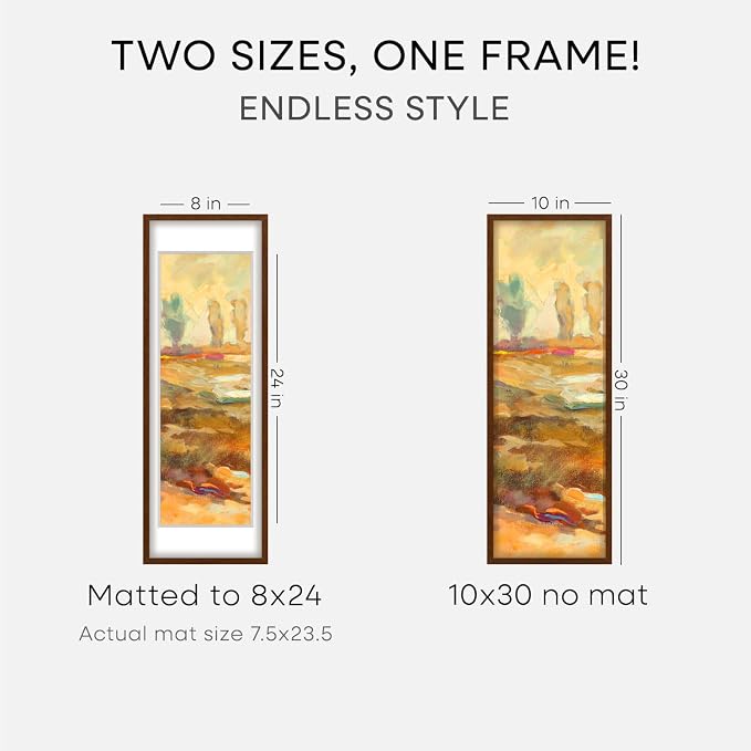 Homeforia 10x30 Picture Frame Brown, High End Dark Oak 10x30 Walnut Wood Poster Frame with Mat 8x24 Print, 10 x 30 Wooden Frame Matted to 8 x 24 Photo, 30x10 Frames, Tempered Glass, Wall Kit, Set of 2
