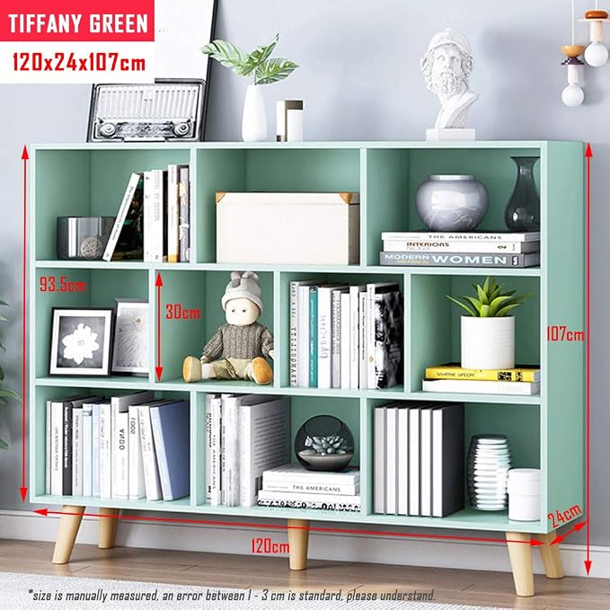 IOTXY Wooden Open Shelf Bookcase - 3-Tier Bookshelf with Leg, Tiffany-Green | Nordic Minimalist Style, MDF Material, Raised Solid Wood Legs, 10 Storage Cubes Display, Floor-Standing Cabinet Organizer