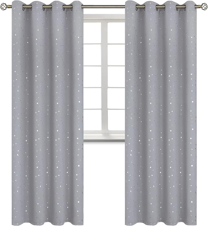 BGment Light Grey Star Blackout Curtains for Kid's Bedroom - Grommet Thermal Insulated Room Darkening Printed Curtains for Living Room, Set of 2 Panels (52 x 95 Inch, Light Grey)