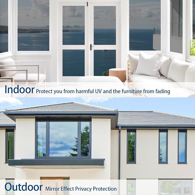 One Way Privacy Window Film 23.6" x 118" with Installation Tools, Silver Mirror Window Tint See Out Not in, Daytime Privacy in Sunny Conditions, Heat Control UV Blocking for Home Office
