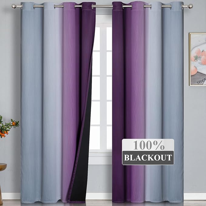 Estelar Textiler Purple and Grey Ombre Blackout Curtains 90 Inches Long 2 Panels Set, Thermal Insulated Drapes for Bedroom,Full Light Blocking Grommet Gradient Curtains for Living Room, 52Wx90L